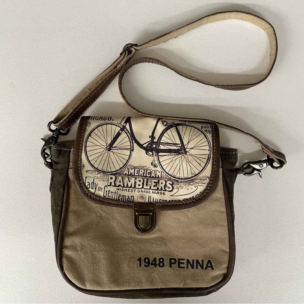 Myra Bag Tan and Brown Canvas Crossbody with Bicycle Print